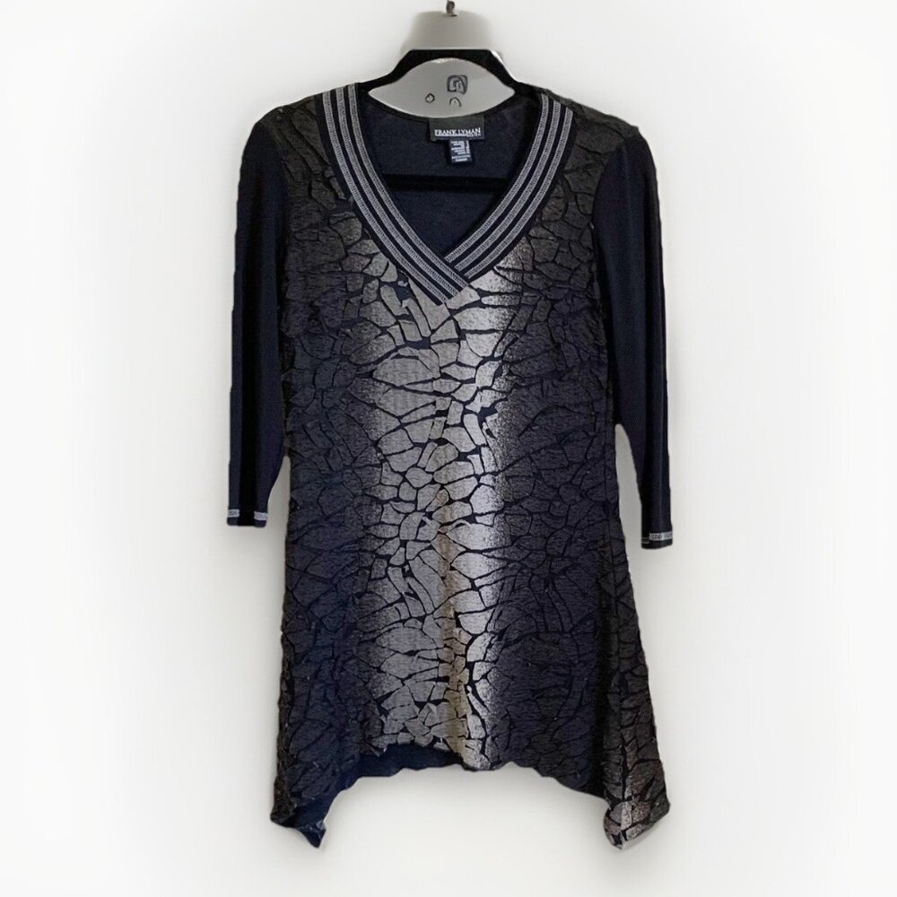 Frank Lyman Womens 2 XS Black Asymmetric Tunic Top 3/4 Sleeve Artsy Whimsigoth